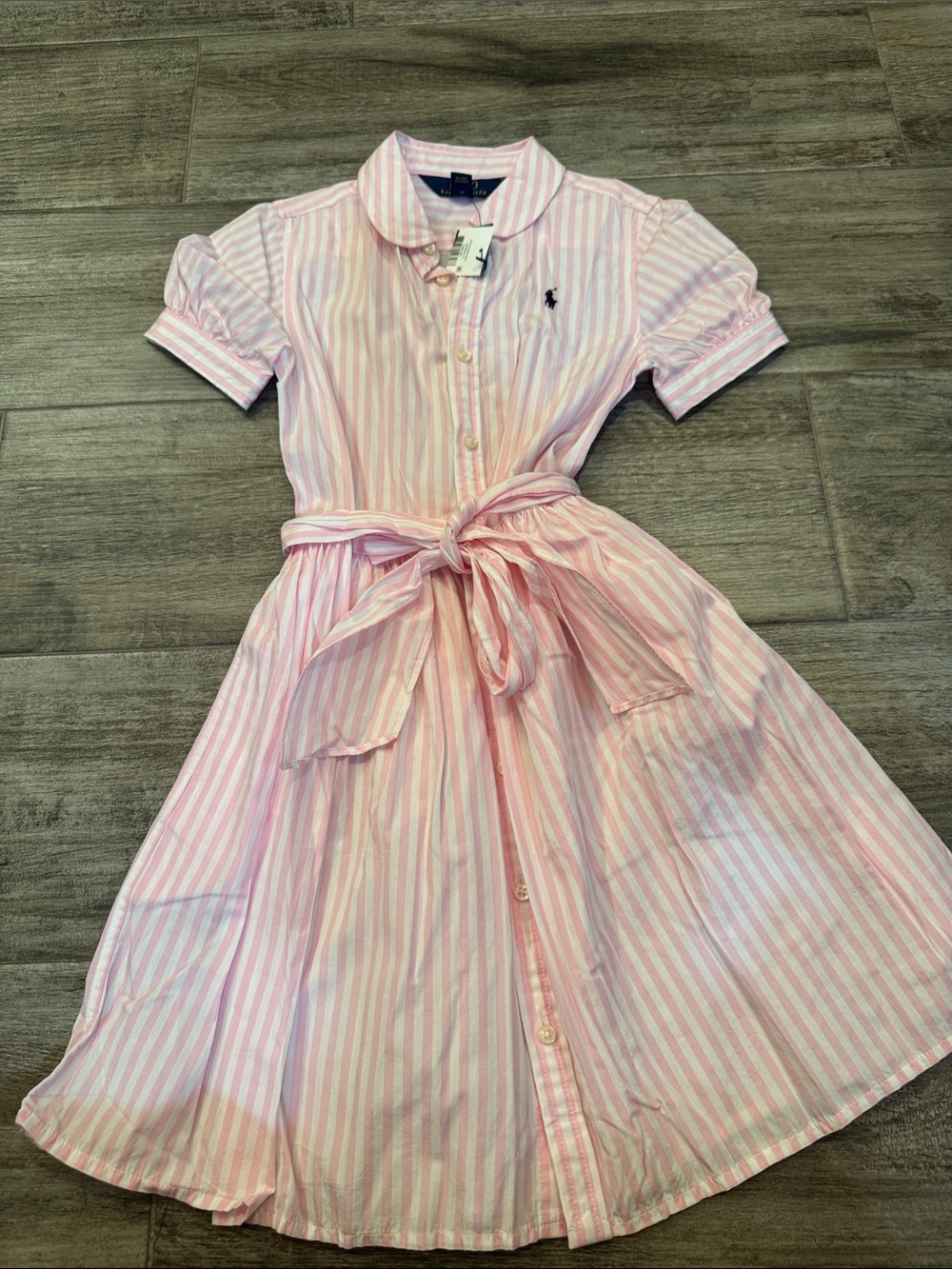 Ralph Lauren Pink and White Striped Tie-Waist Shirt Dress